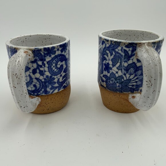 (2) Handcrafted Blue and White Floral Transferware White Speckled Coffee Mugs - Picture 12 of 13